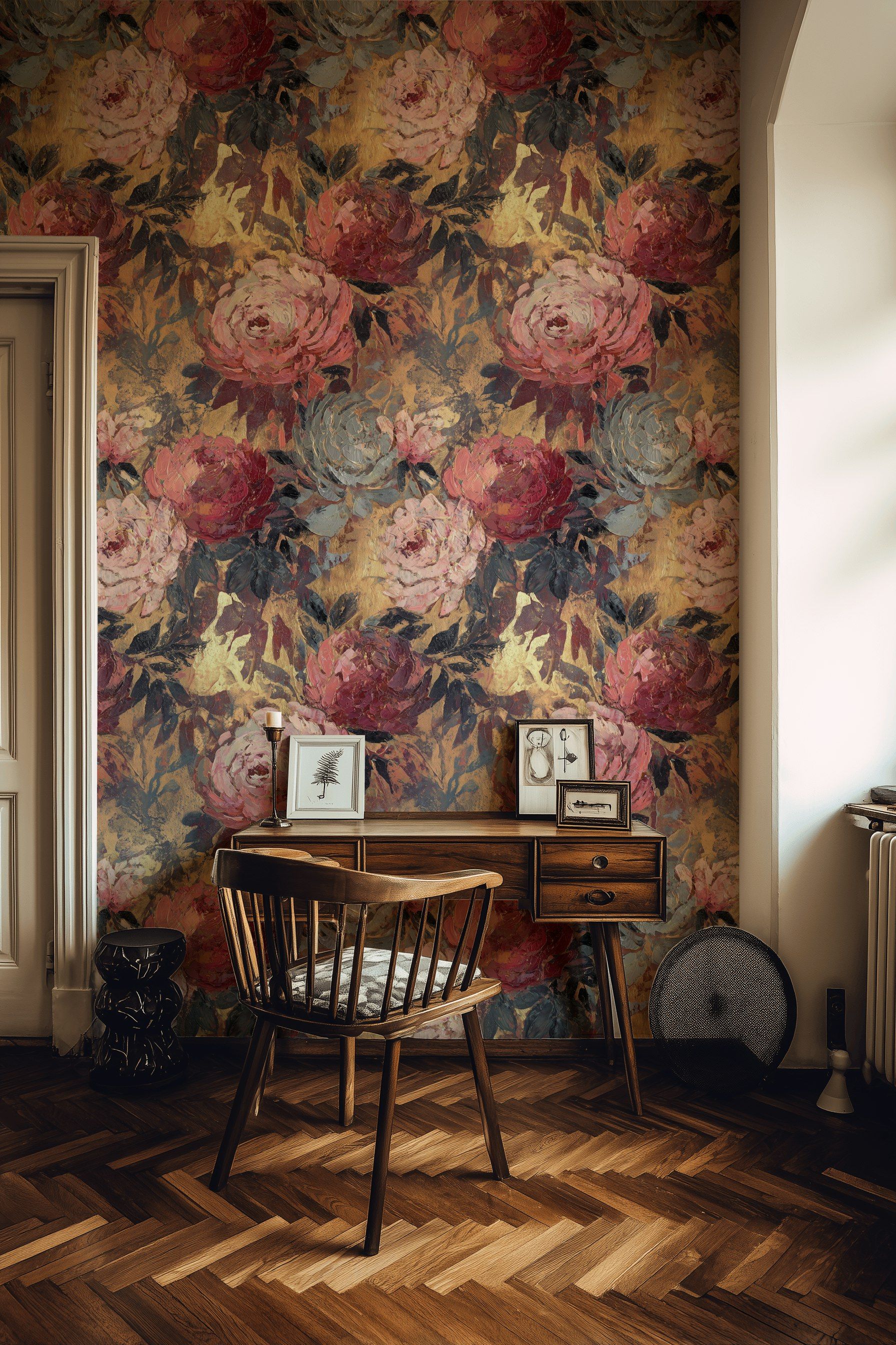 Rich Burgundy Vintage Rose Wallpaper