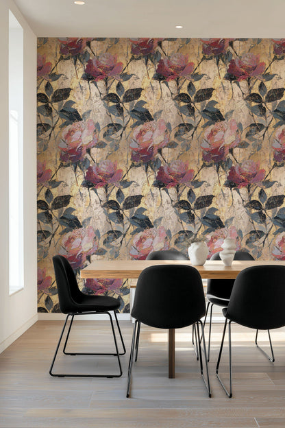 Cream and Rose Textured Floral Wallpaper