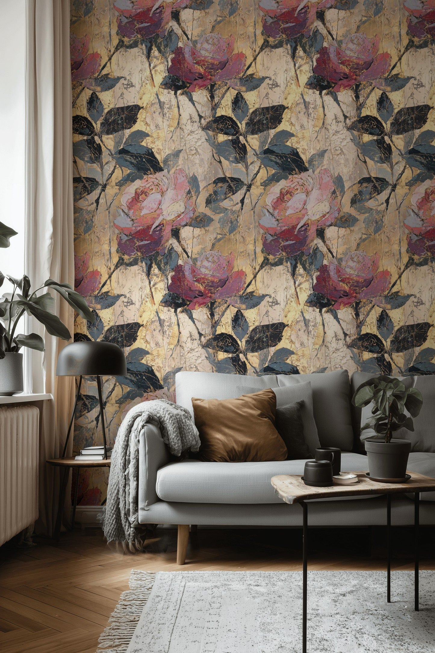 Gold Look Floral Wallpaper Textured Mural Romantic Wall Decor
