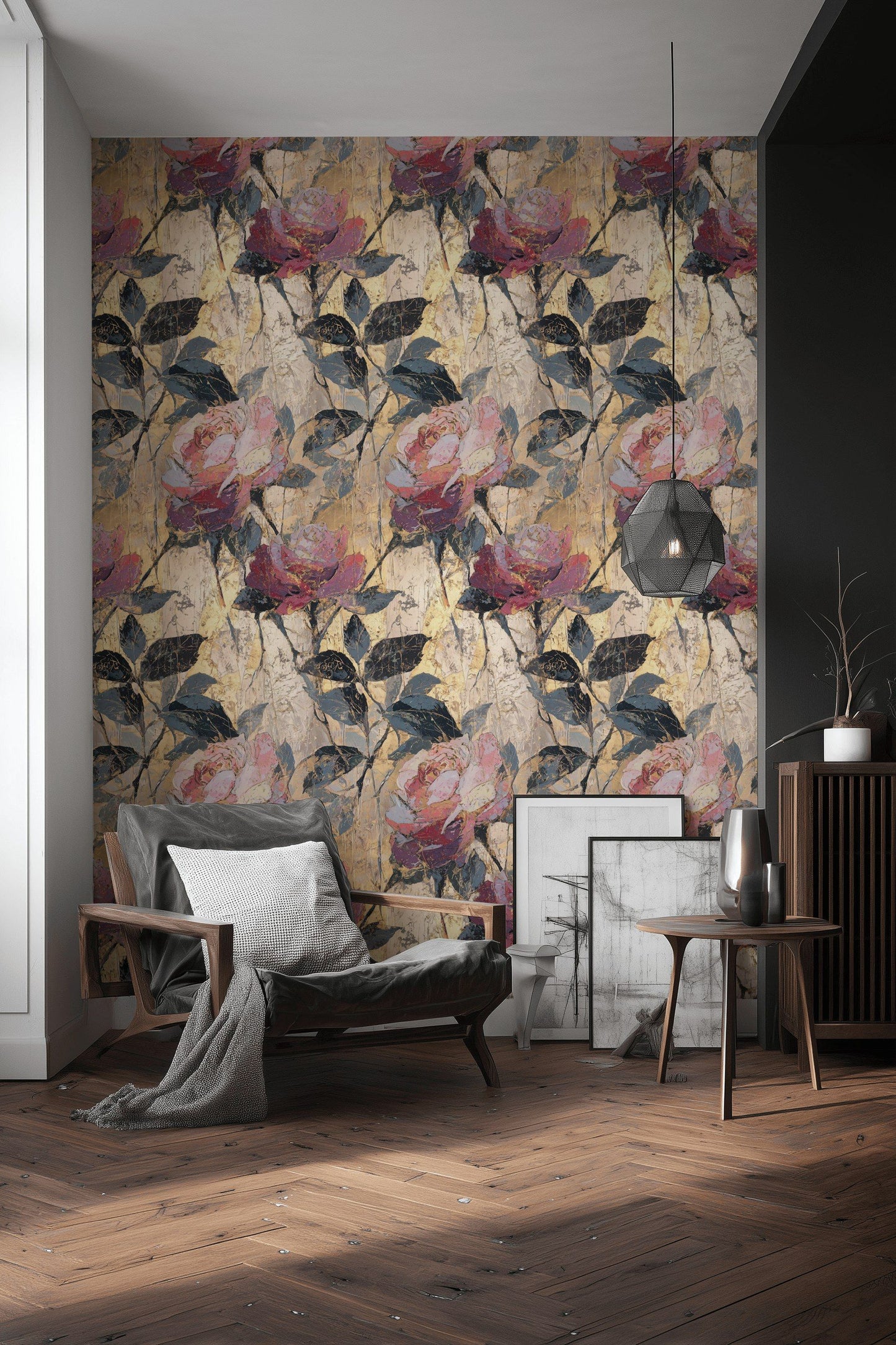 Gold Look Floral Wallpaper Textured Mural Romantic Wall Decor