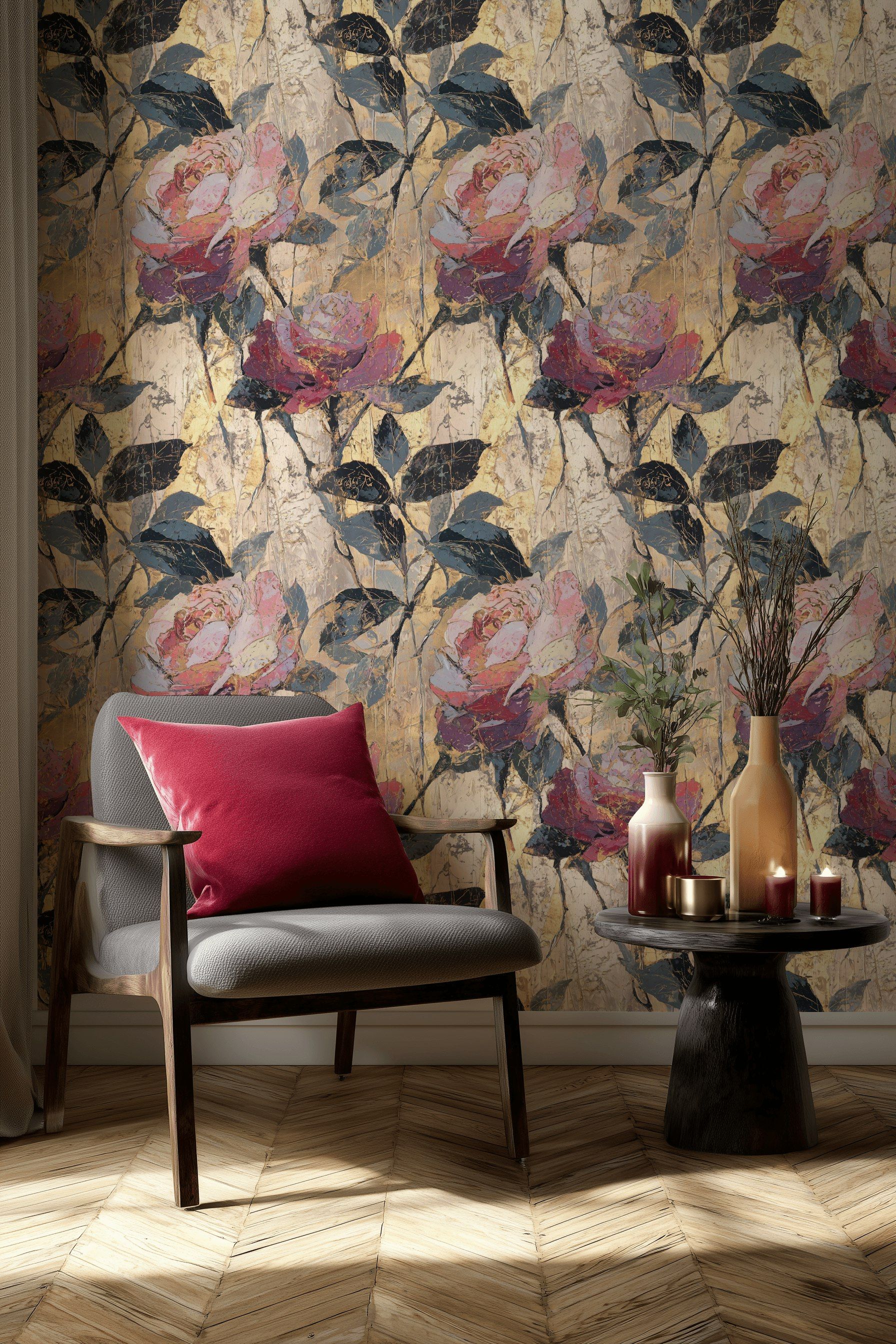 Cream and Rose Textured Floral Wallpaper