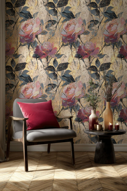 Cream and Rose Textured Floral Wallpaper