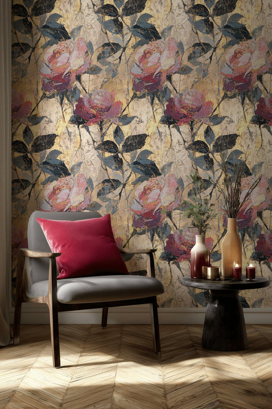 Gold Look Floral Wallpaper Textured Mural Romantic Wall Decor
