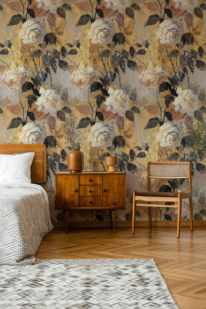Vintage Beige Rose Floral Wallpaper