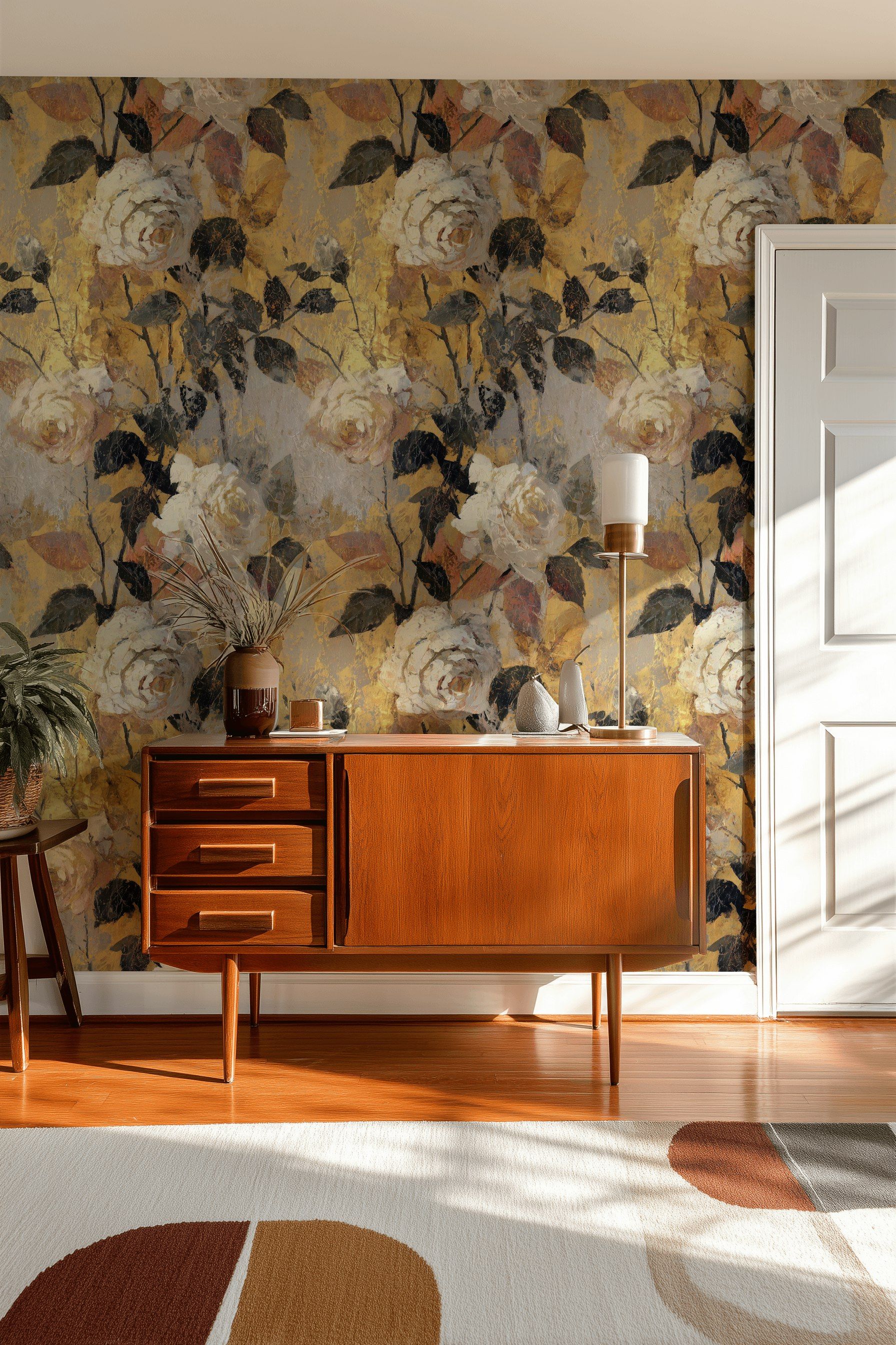 Vintage Beige Rose Floral Wallpaper