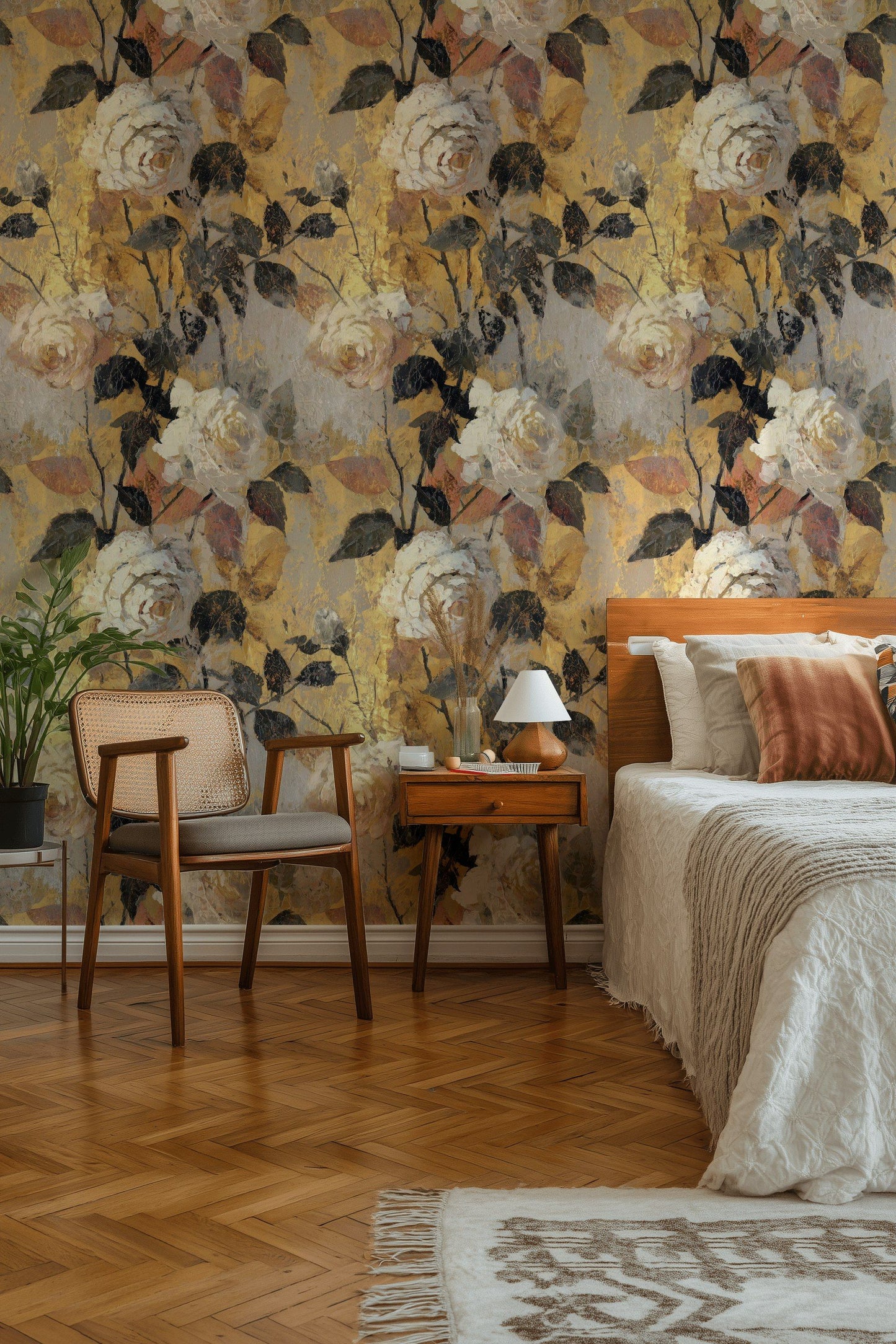 Gold Look Floral Wallpaper Neutral Decorative Mural