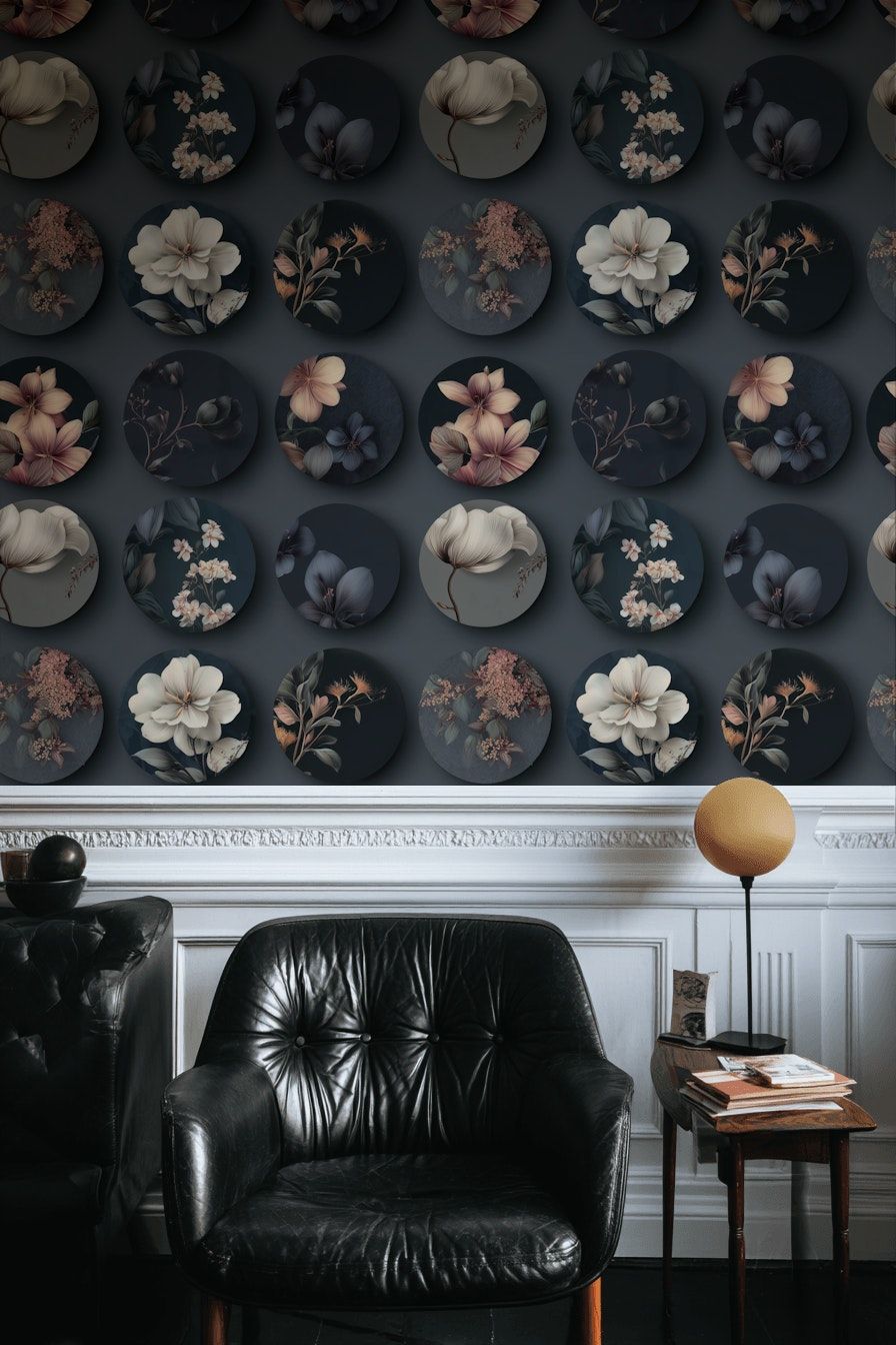 Black Circular Floral Motif Wallpaper