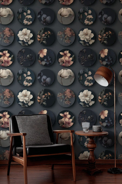 Black Circular Floral Motif Wallpaper