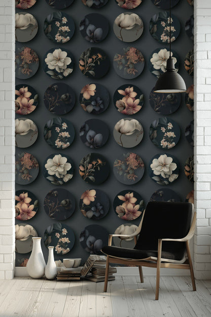 Black Circular Floral Motif Wallpaper
