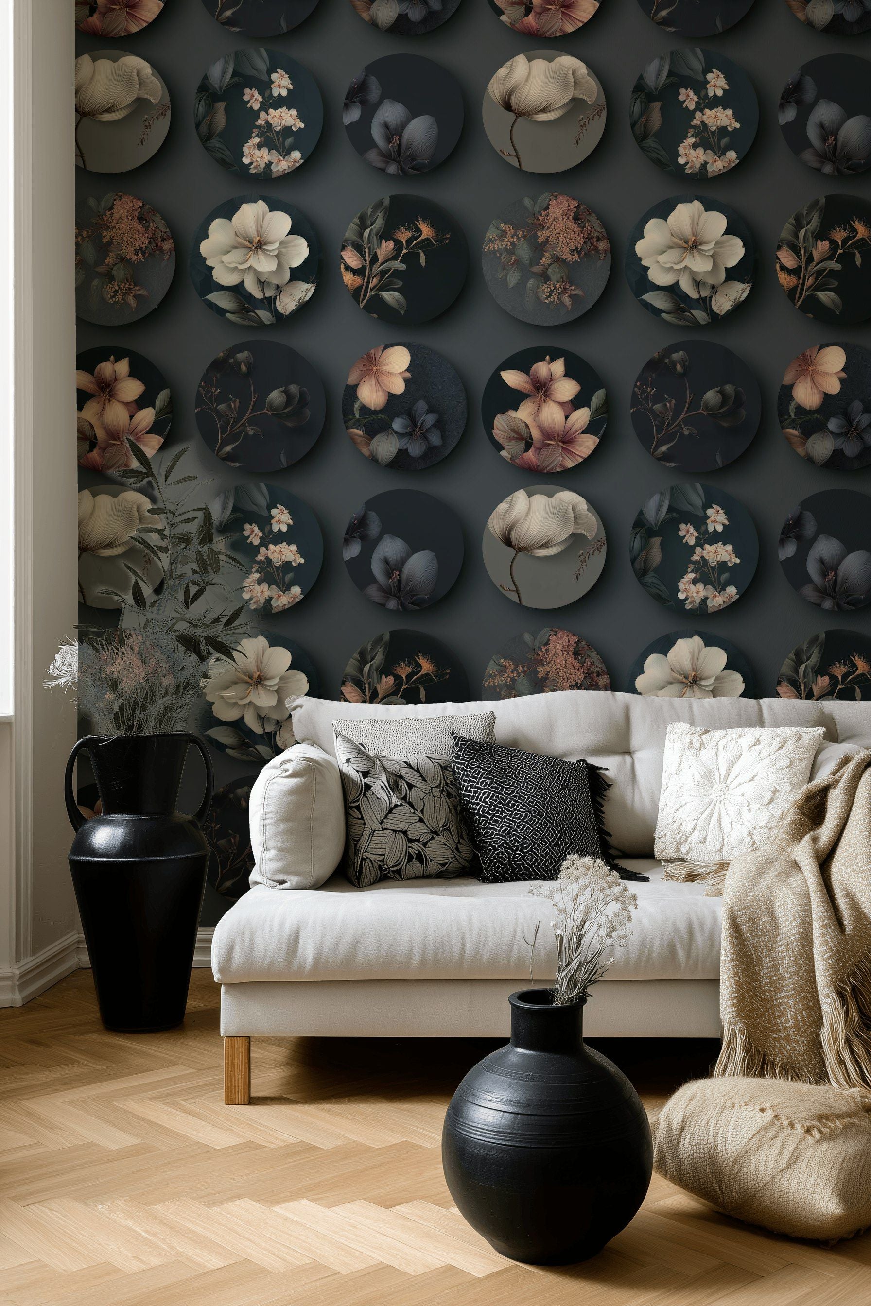 Black Circular Floral Motif Wallpaper