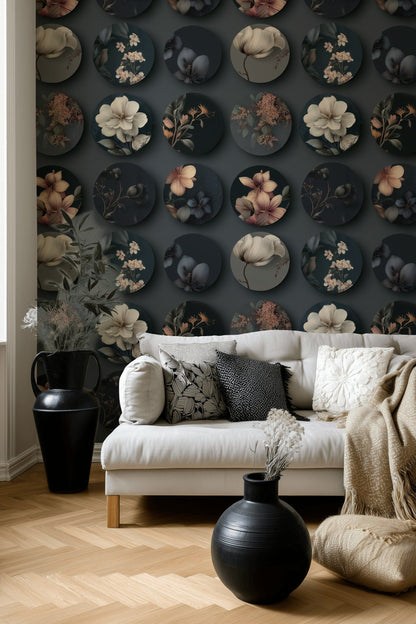 Black Circular Floral Motif Wallpaper