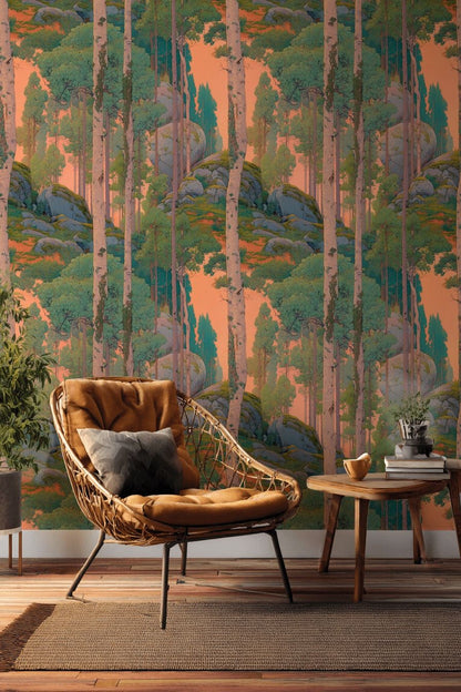 Terracotta and Green Forest Scene Wallpaper