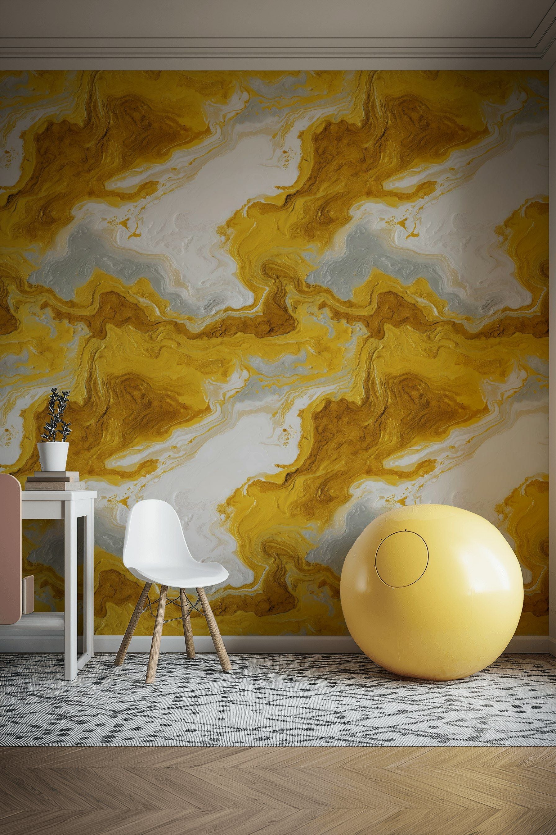 Golden Look Yellow Abstract Marble Swirl Wallpaper