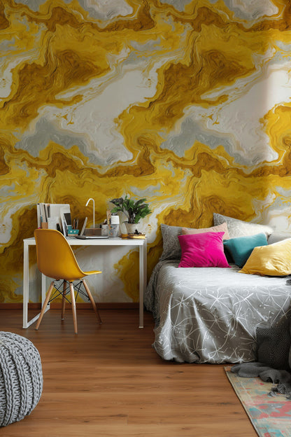 Golden Look Yellow Abstract Marble Swirl Wallpaper