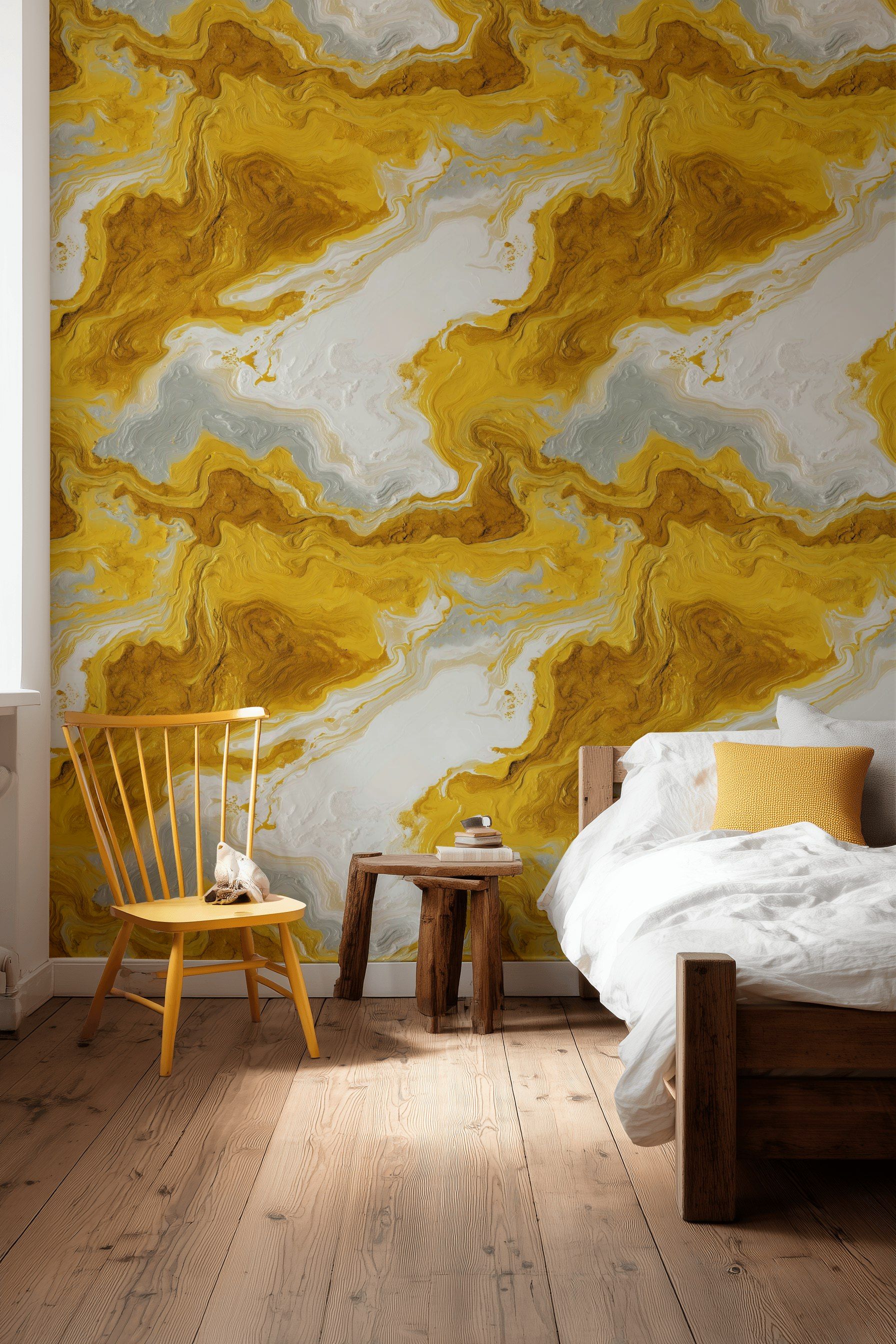 Golden Look Yellow Abstract Marble Swirl Wallpaper