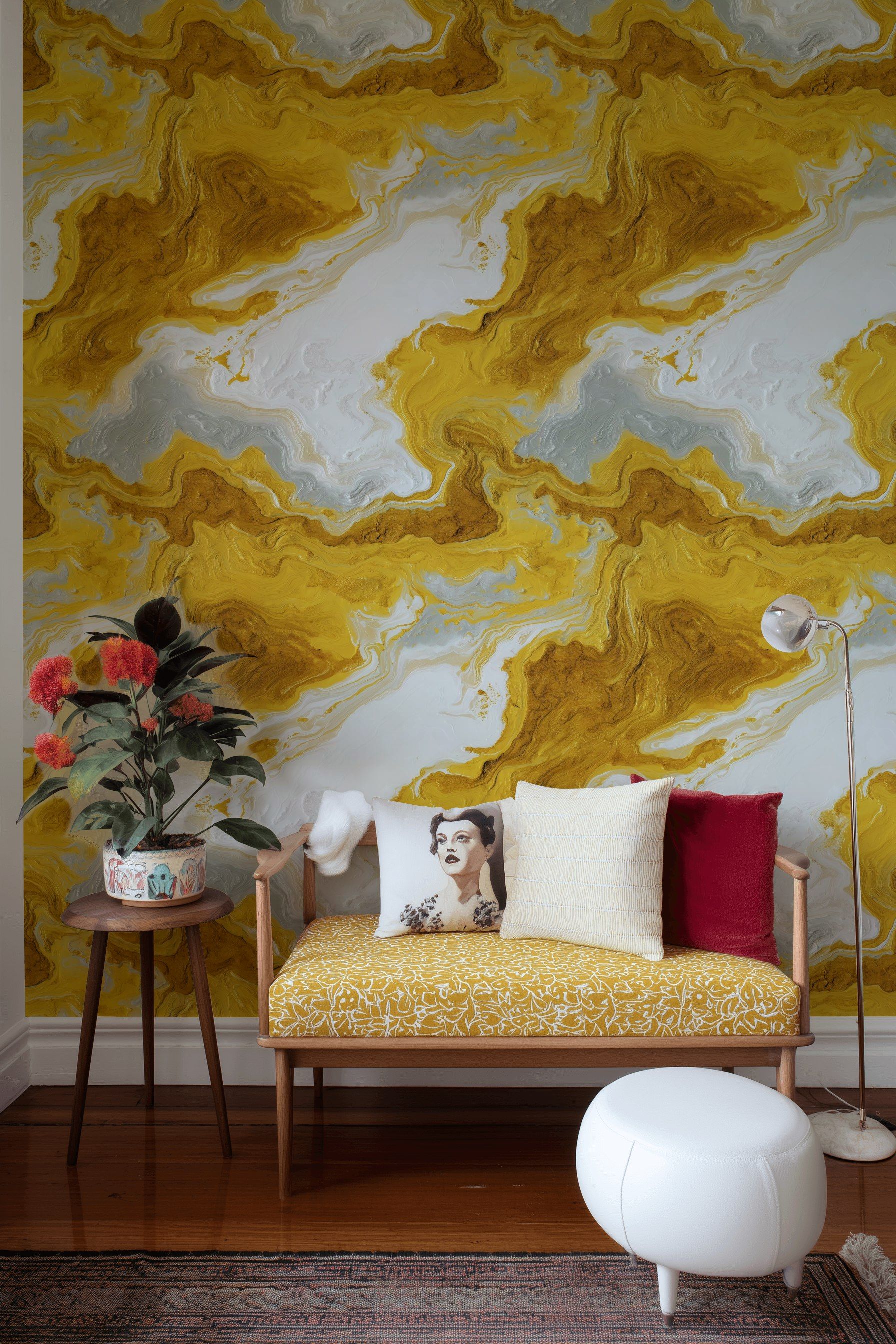 Golden Look Yellow Abstract Marble Swirl Wallpaper