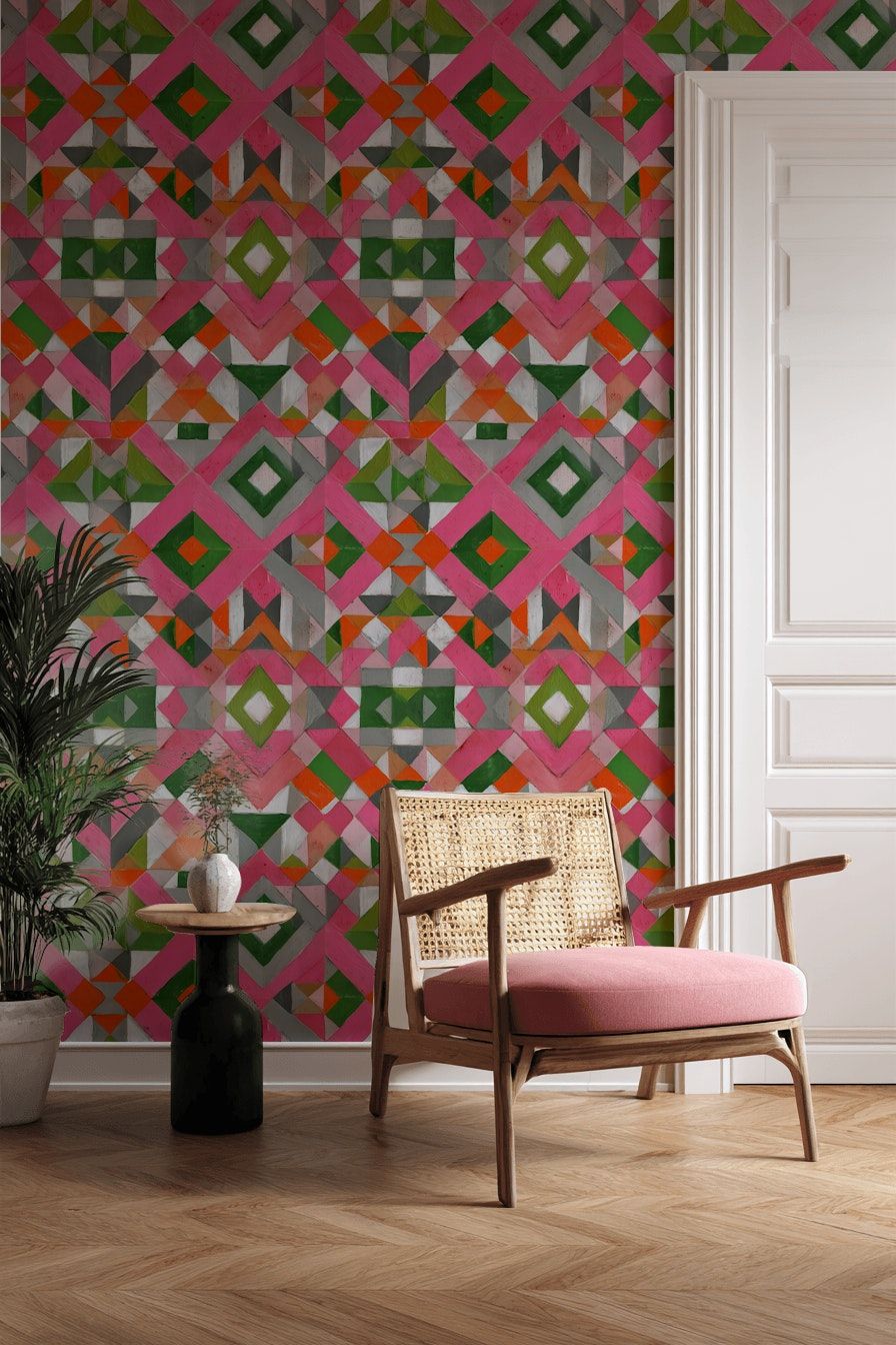 Geometric Pattern Wallpaper Pink Green Orange Wall Mural