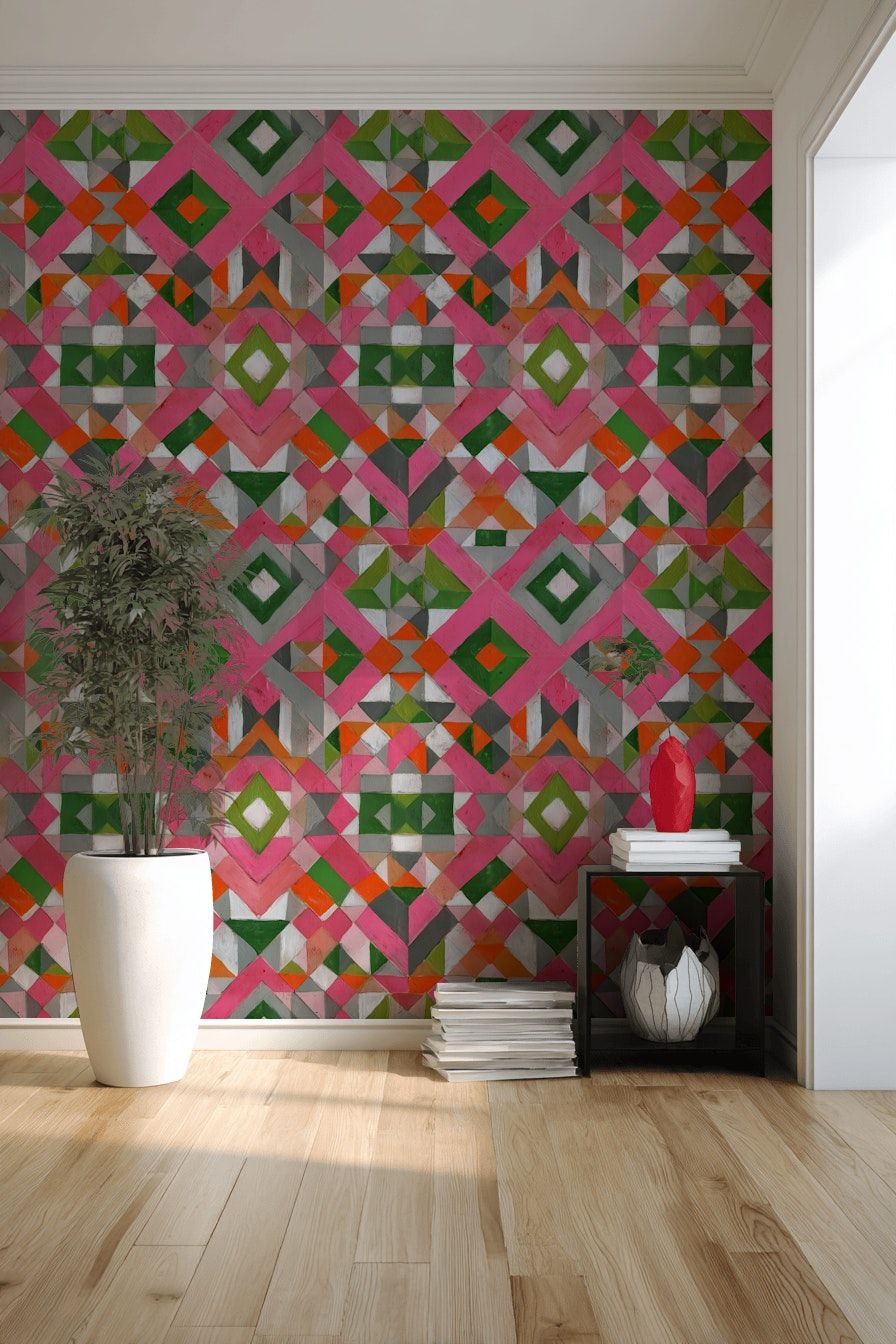 Geometric Pattern Wallpaper Pink Green Orange Wall Mural