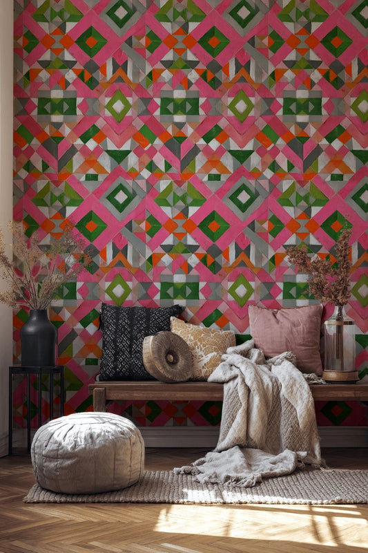Geometric Pattern Wallpaper Pink Green Orange Wall Mural
