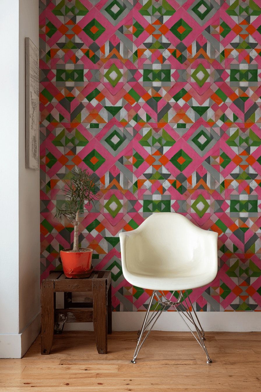 Geometric Pattern Wallpaper Pink Green Orange Wall Mural