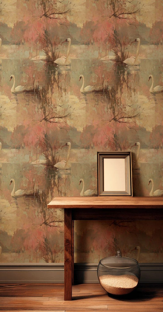Swan Lake Wallpaper Vintage Oil Painting Nature Wall Mural