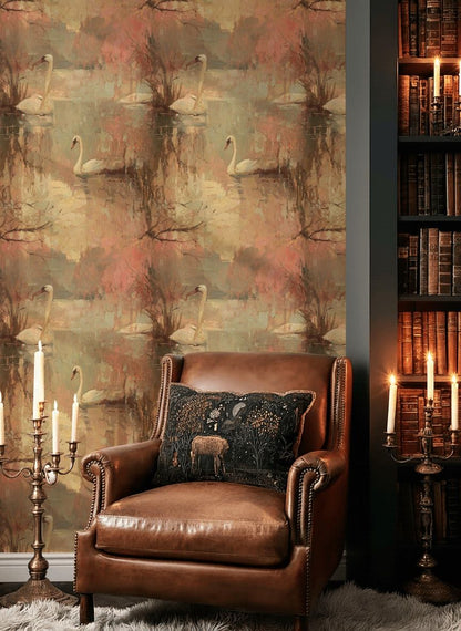 Muted Beige Autumn Lake Swan Wallpaper