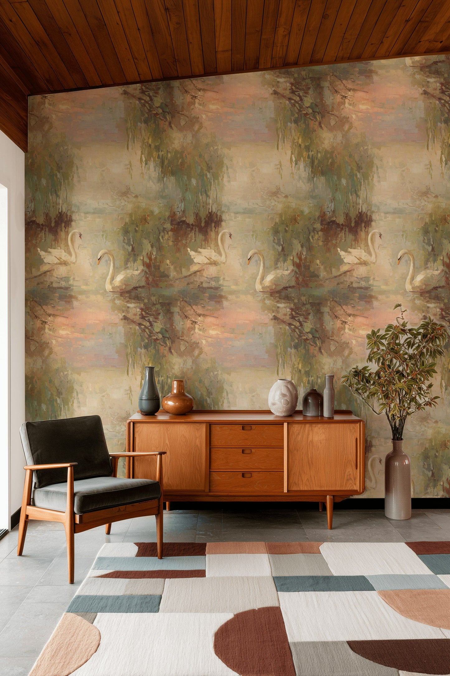 Swan Lake Wallpaper Pastel Landscape Nature Wall Mural