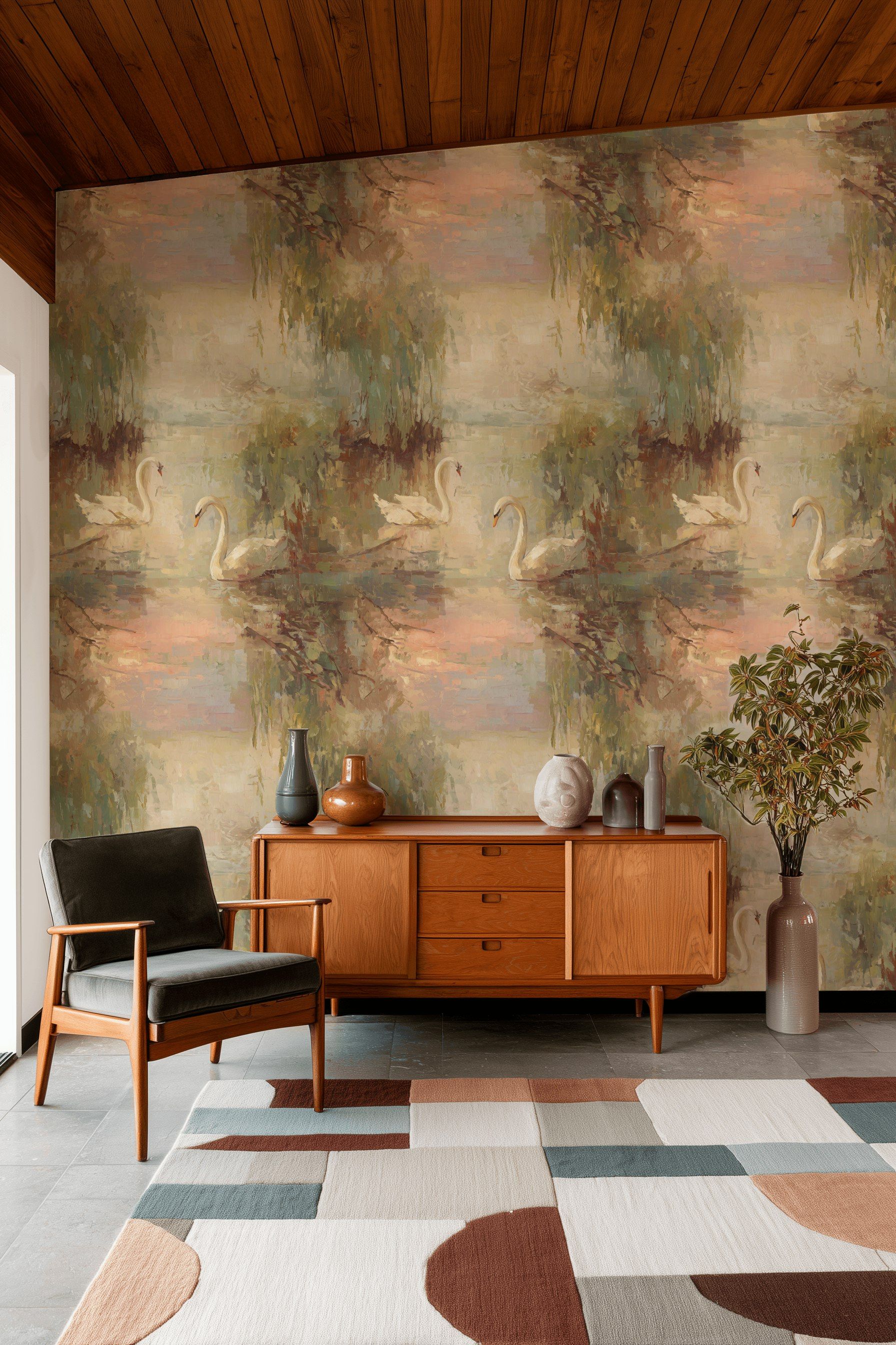 Rustic Brown Swan Lakeside Landscape Wallpaper