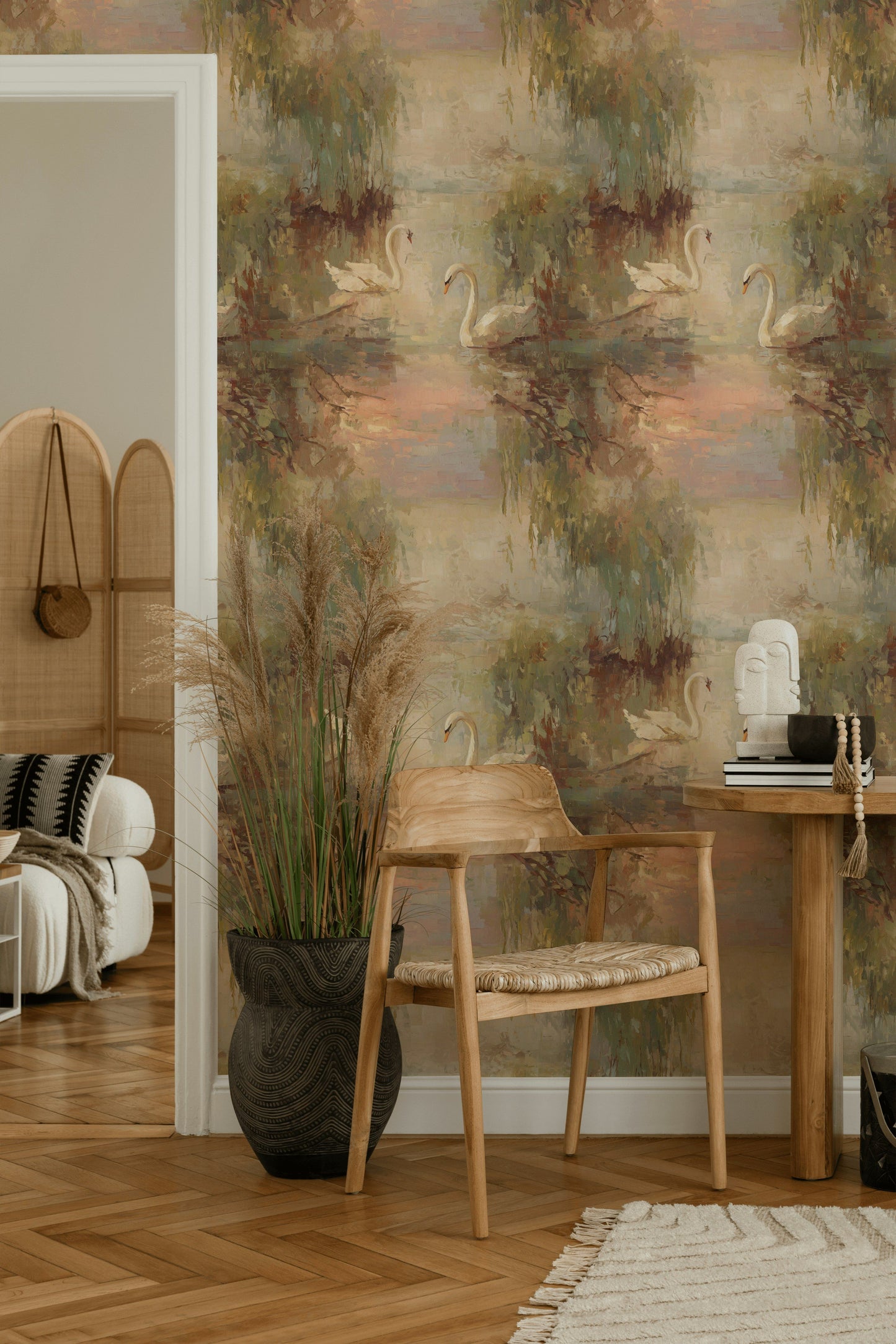 Swan Lake Wallpaper Pastel Landscape Nature Wall Mural