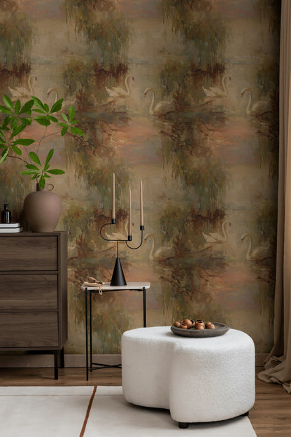 Rustic Brown Swan Lakeside Landscape Wallpaper