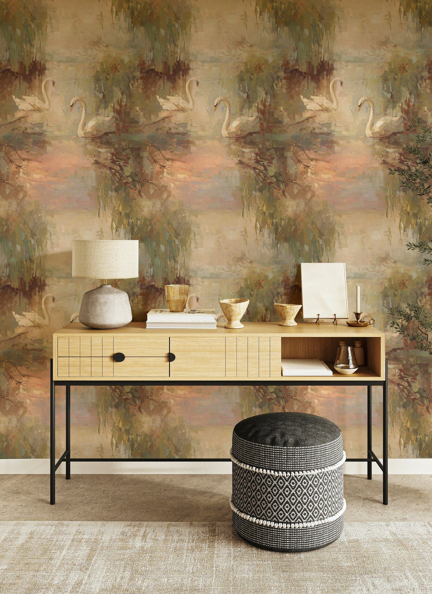 Swan Lake Wallpaper Pastel Landscape Nature Wall Mural