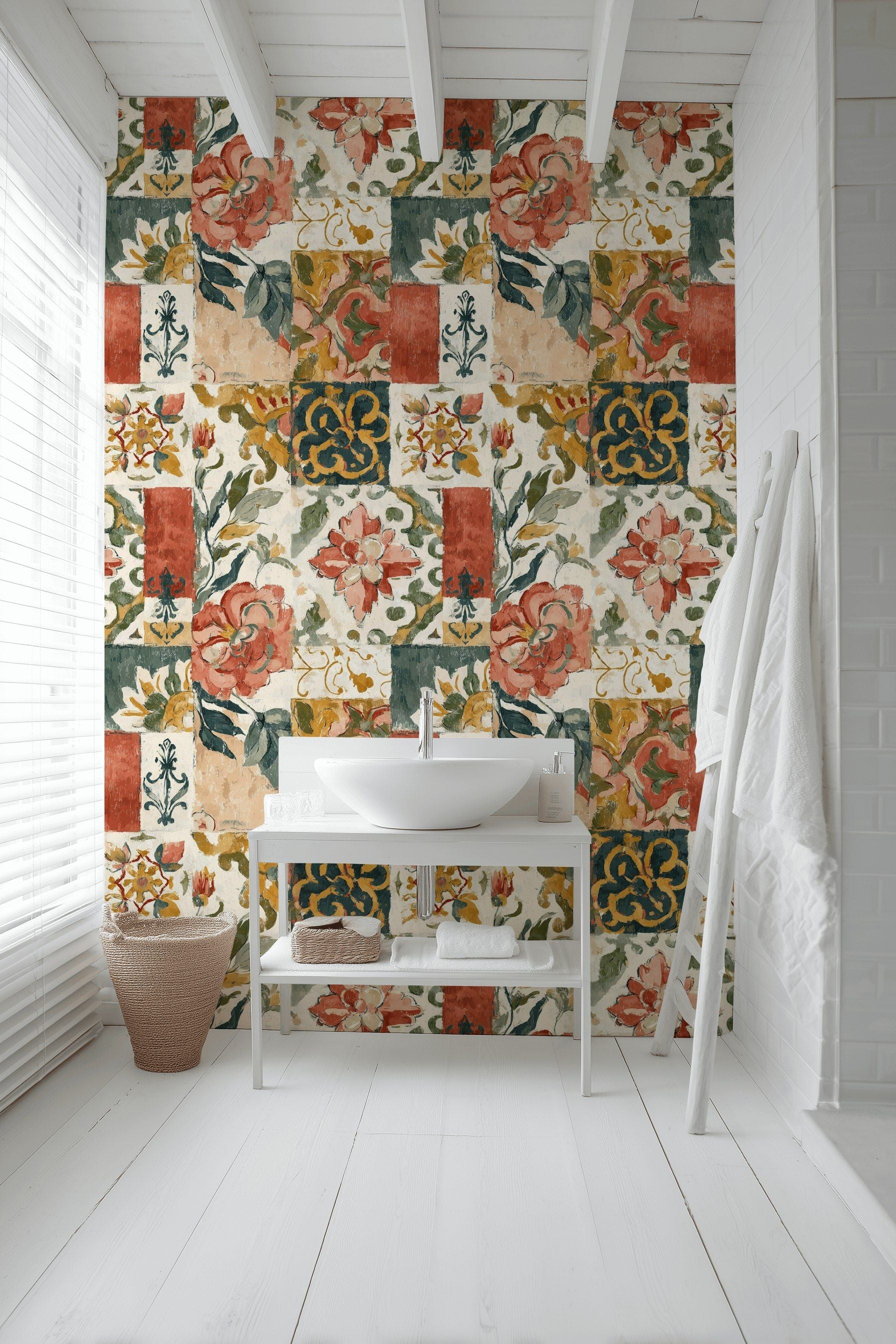 Cream and Terracotta Vintage Floral Patchwork Wallpaper