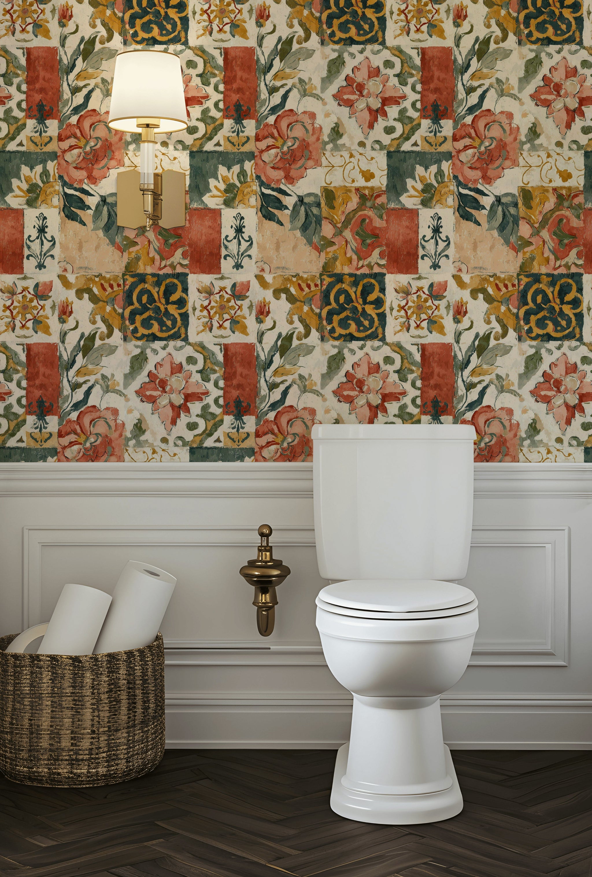 Cream and Terracotta Vintage Floral Patchwork Wallpaper