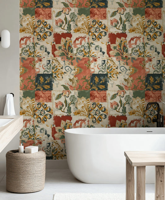 Vintage Floral Patchwork Wallpaper Rustic Wall Mural