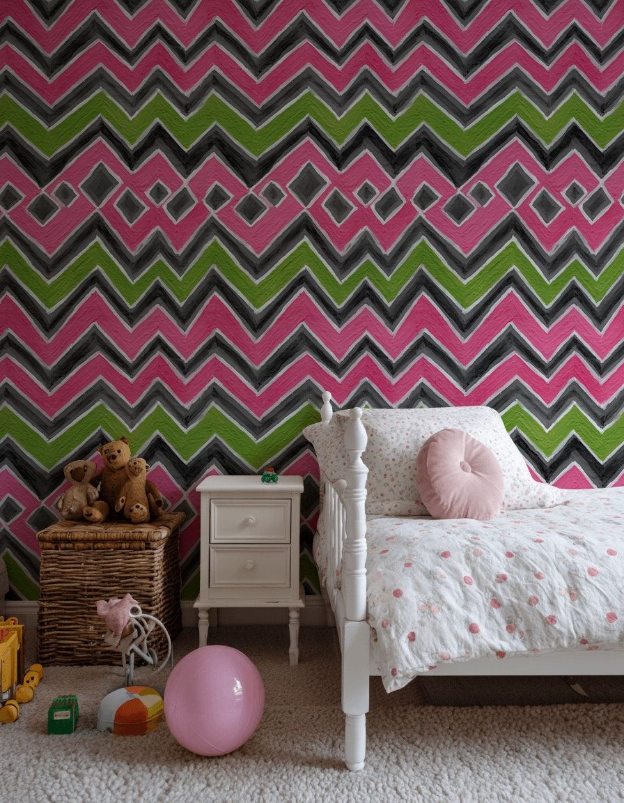 Pink and Green Chevron Geometric Wallpaper