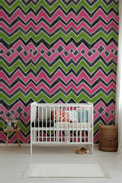 Pink and Green Chevron Geometric Wallpaper