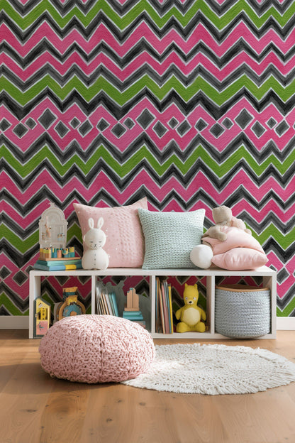 Pink and Green Chevron Geometric Wallpaper