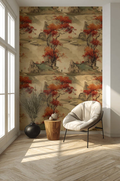 Warm Beige Japanese Landscape Wallpaper