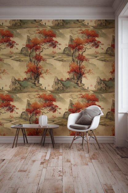 Warm Beige Japanese Landscape Wallpaper
