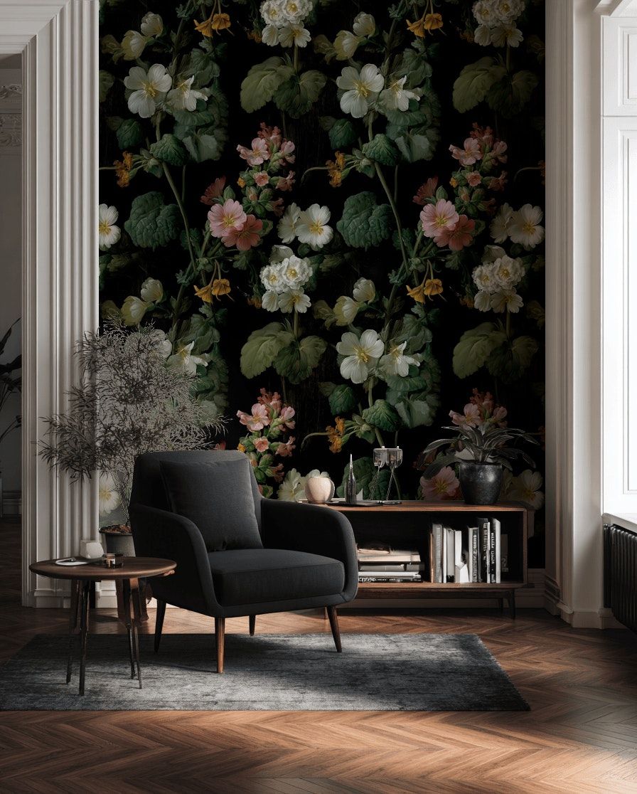 Dark Floral Wallpaper Botanical Vintage Flower Wall Mural