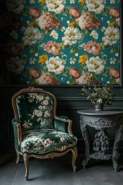 Teal Large Floral Blossom Wallpaper