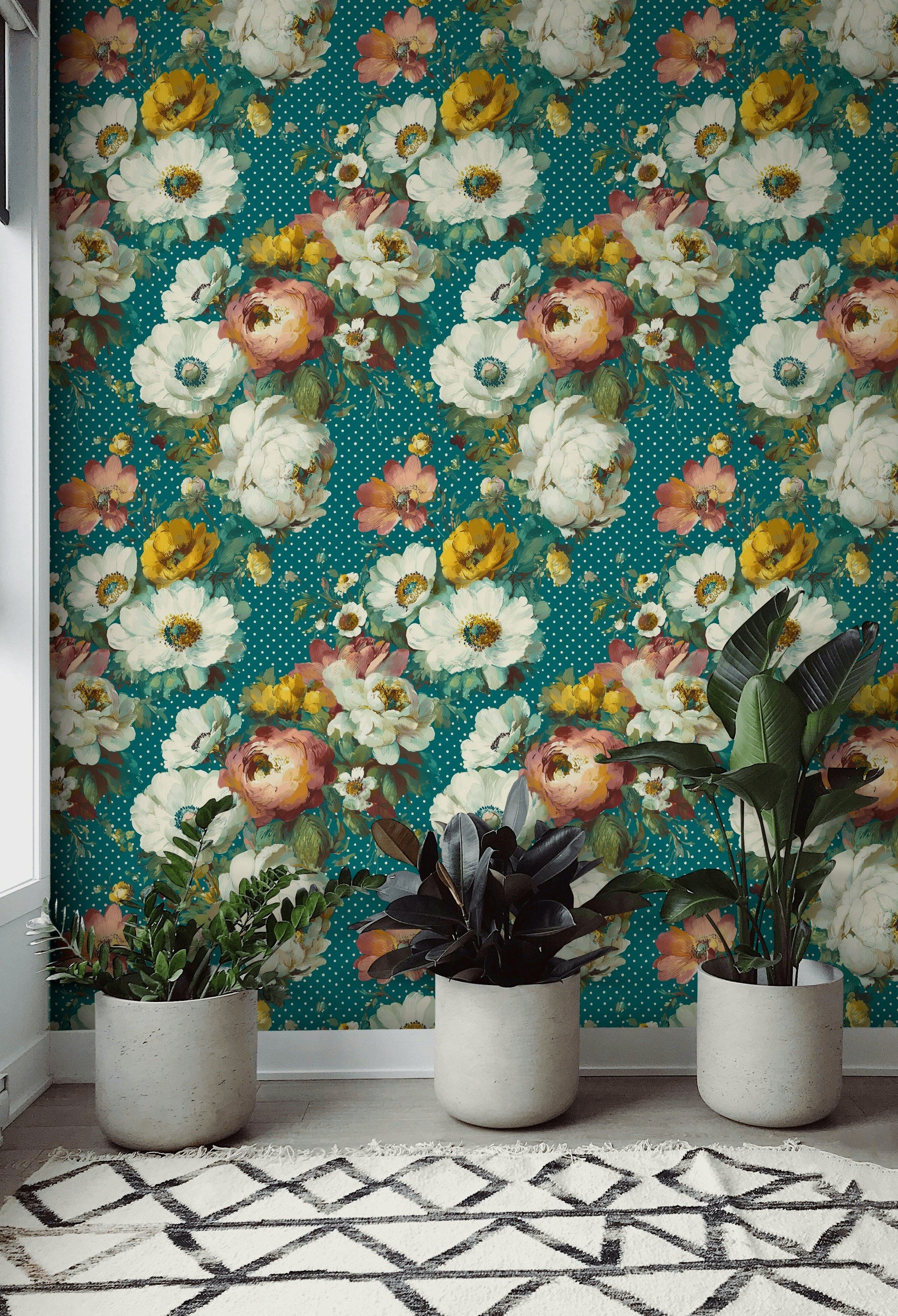 Teal Bold Peony Floral Wallpaper