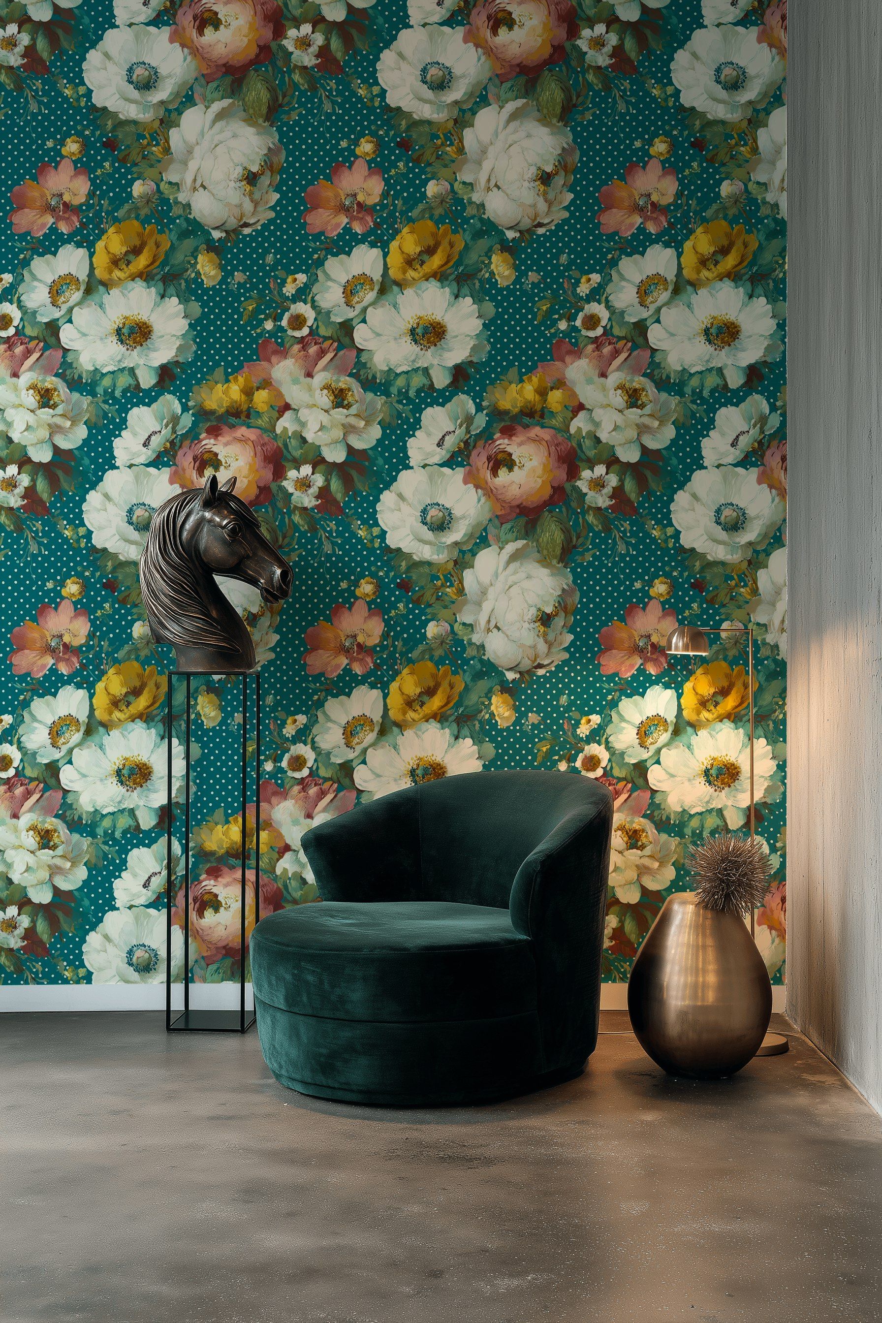 Teal Bold Peony Floral Wallpaper