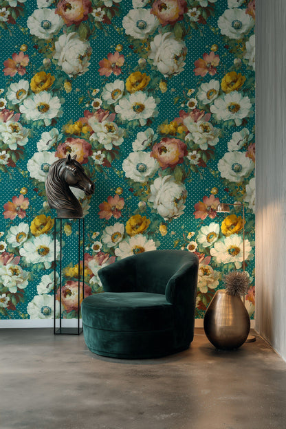 Teal Bold Peony Floral Wallpaper