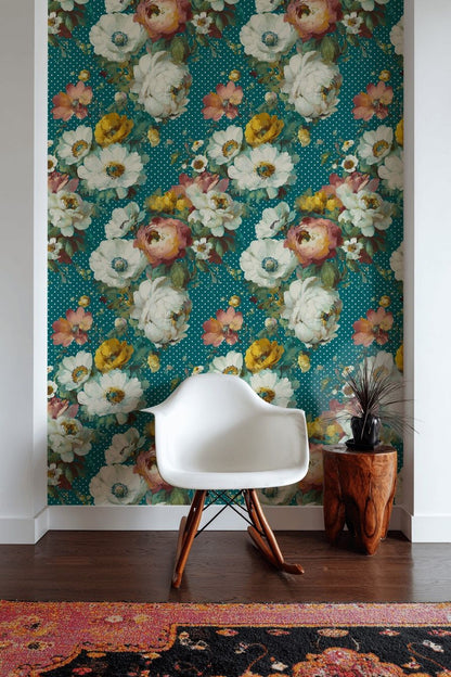 Teal Bold Peony Floral Wallpaper