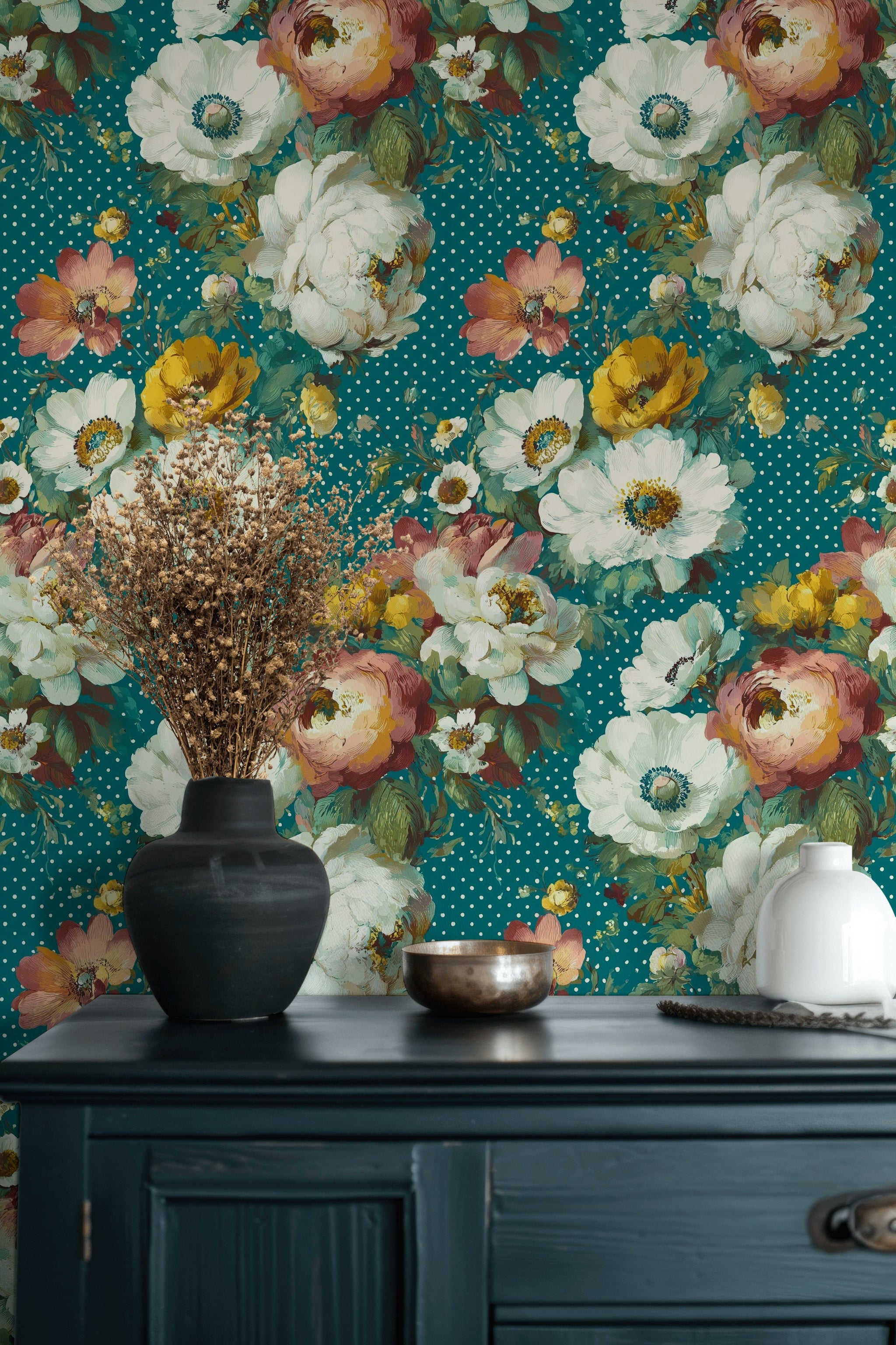 Teal Bold Peony Floral Wallpaper