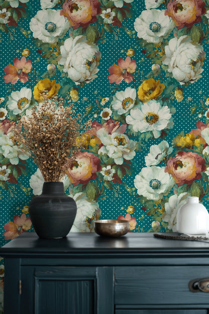 Teal Bold Peony Floral Wallpaper