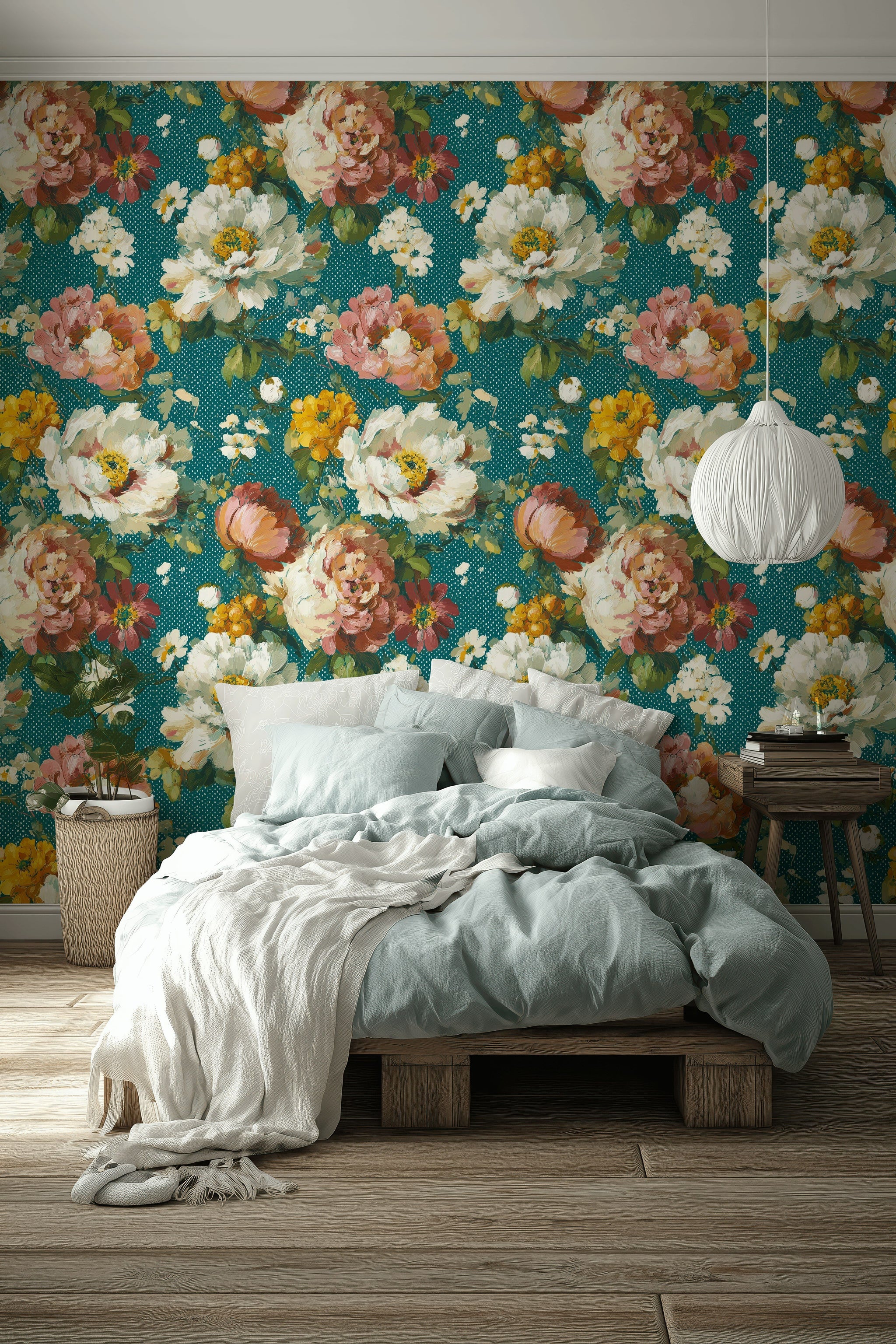Teal Large Floral Blossom Wallpaper