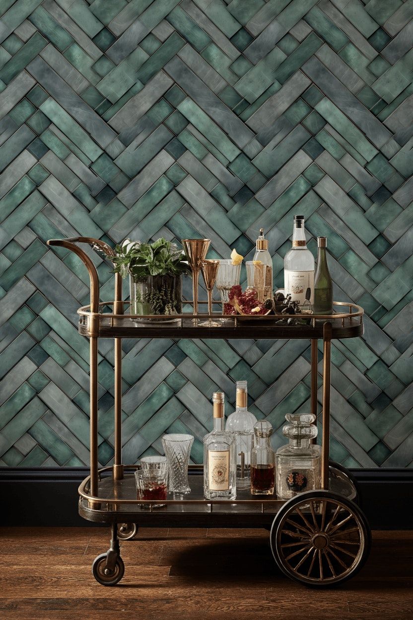 Teal Herringbone Tile Wallpaper Geometric Modern Wall Mural