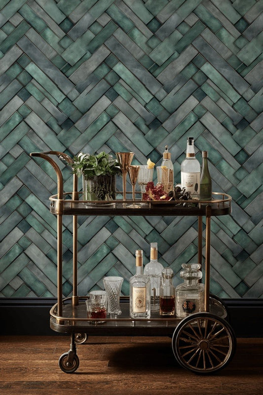 Teal Herringbone Tile Wallpaper Geometric Modern Wall Mural